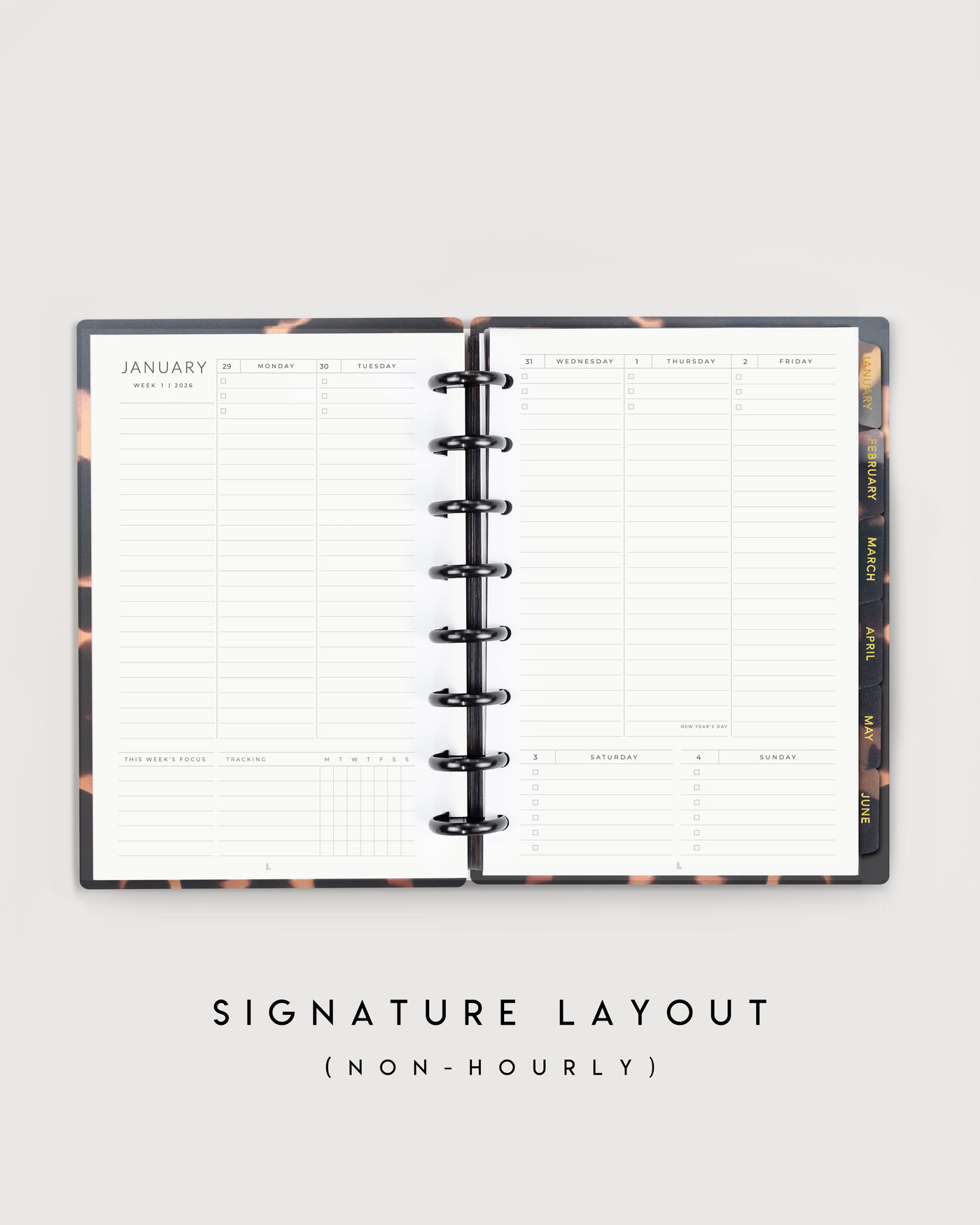 Open planner showing a monthly layout with a white background
