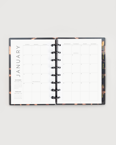 Open planner showing January on a white background