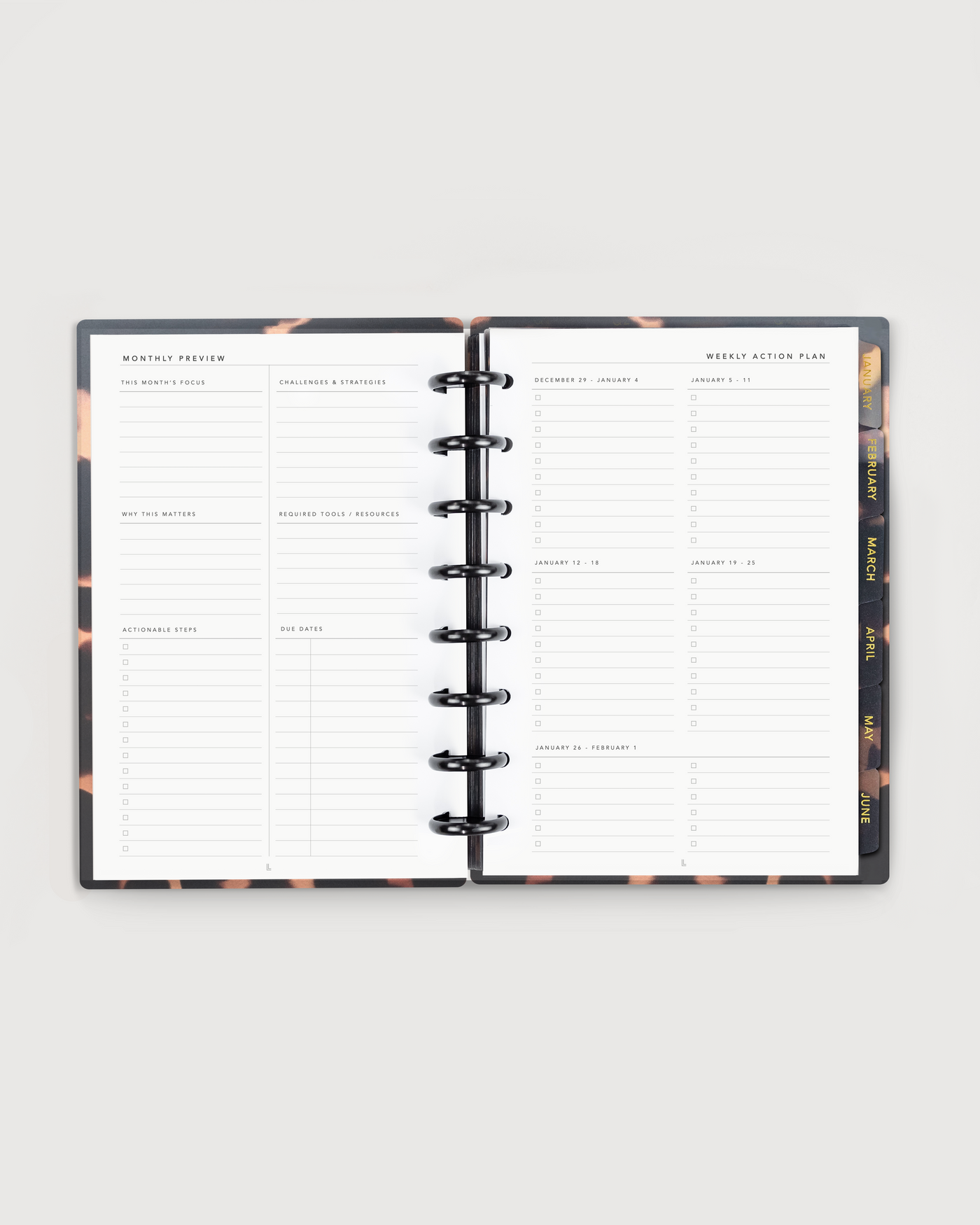 Open planner with weekly layout on a white background